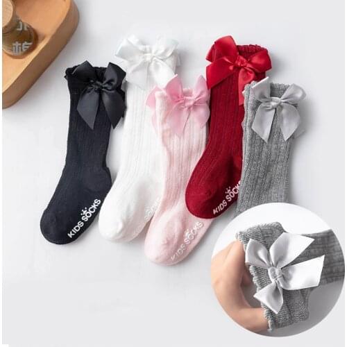 Infant Bow Socks Spring Fall Newborn Baby Girls Kids for Christmas Winter Non-slip Cotton Princess Knee High Long Socks