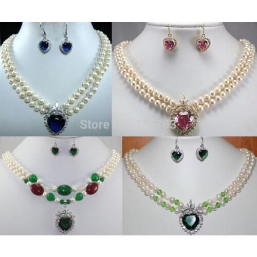 Xiuli 00294 5 color-2 row white pearl/jade necklace & heart zirconia pendant necklace set can choose