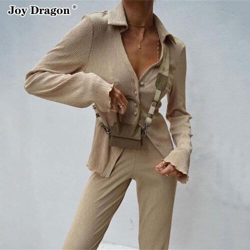 Suit Female Tracksuit Women Pantsuits 2 Piece Woman Set Pants Trouser Suits 2021 Womens Clothing Sets Flare Sleeve Solid Color
