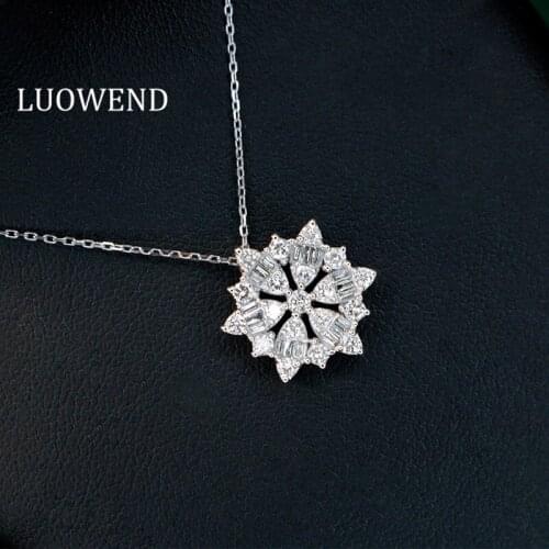 LUOWEND Solid 18K White Gold Pendant Necklace Real Diamond Necklace Wedding Anniversary Jewelry Customize Snowflak Shape Pendant
