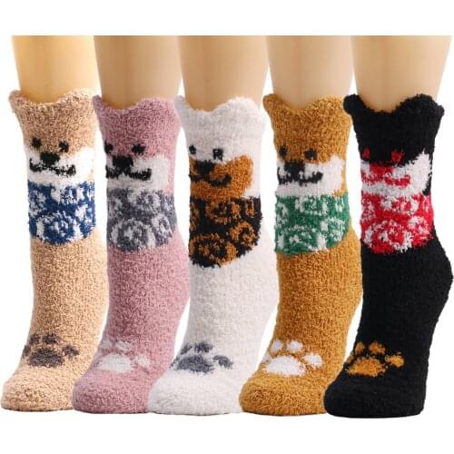 40# 5pcs Cute Plush Ear Socks Women Winter Dog Print Super Soft Socks Plush Cute Cozy Fuzzy Thicke Keep Warm Fleece-lined Socks