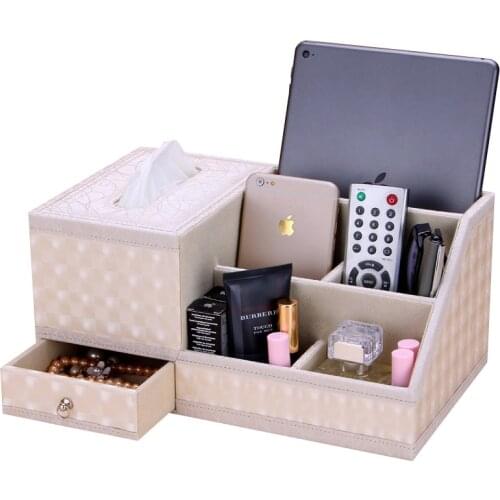 Multifunction Creative Desktop PU Leather Remote Control Tissue Storage Box