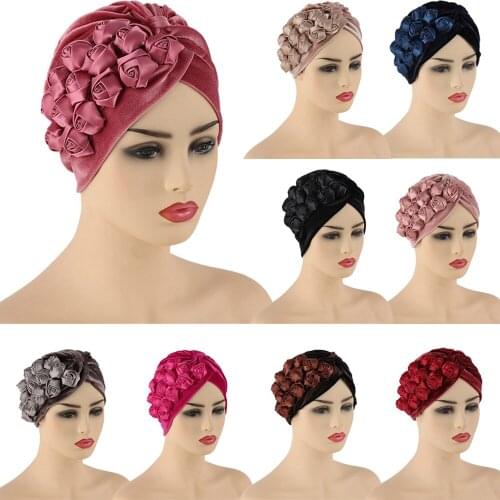 Muslim Women Cap Flower Pleated Turban Velour Arab Hat Hair Care Cancer Caps Islamic Beanies Headwrap Arab Headscarf Hair Loss