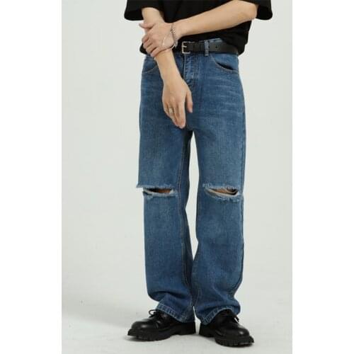 Men Vintage Casual Knee Hole Loose Streetwear Fashion Hip Hop Straight Denim Trousers Male Wide Leg Jeans Pants