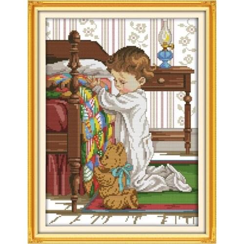 Pray beside the bed cross stitch kit boy people 14ct count fabric canvas x stitches embroidery DIY handmade needlework plus