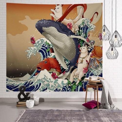 Whale Wall Tapestry Big Wave Wall Koi Fish Lucky Cat Japanese Art