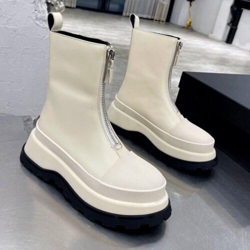 2021 New High Quality Boots Women Genuine Leather Fashion Mid-tube Martin Boots Female Platform Front Zipper Women Autumn Boots