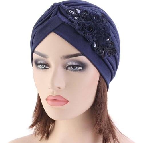 New Flower Decoration Turban Solid Color For Women Fashion Hair Wear Head Wrap Ladies Headwear Cancer Hats India Cap Bandana
