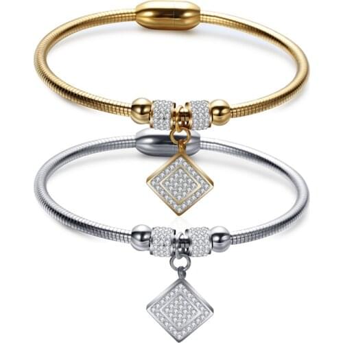 Modyle New Style Square Crystal Bracelets Bangles Magnet Clasp With Snake Chain 316L Stainless Steel Wedding Bangles