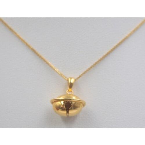 Solid 18k Yellow Gold Pendant Luck Bell / Pure 18k Yellow Gold Wheat Foxtail Chain Necklace 18"L Gift For Women