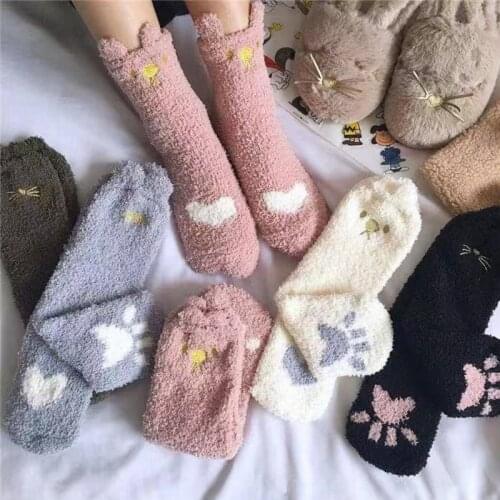 Fuzzy Fluffy Terry Warm Socks Animal Claws Coral Velvet Socks Winter Kawaii Thick Socks Striped Cartoon Women Short Cute Sock