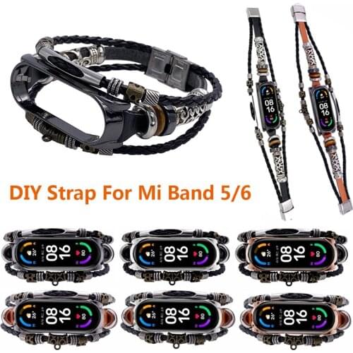 Retro Strap For Mi Band 6 5 Leather Beading Bracelet Fashion Braided Strap For Xiaomi Mi Band6 Mi Band5 Mi Band 5 6 Wristband