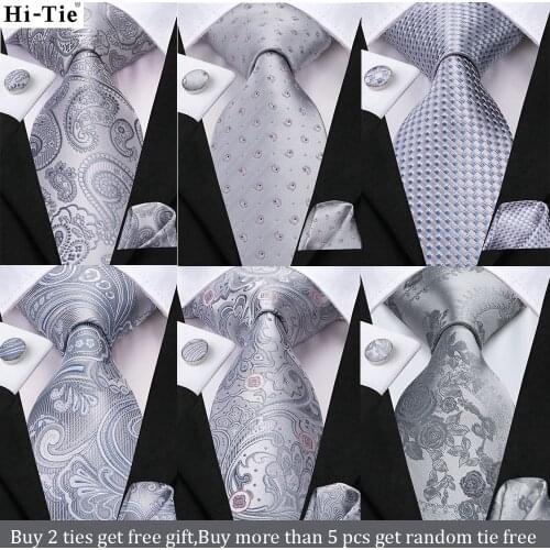 Silver Paisley Gift Tie For Men Shirts Mens Silk Wedding Tie Handkerchief Cufflinks Set Fashion Design Business Neck Tie Hi-Tie