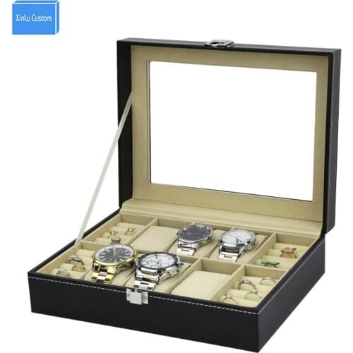 Large Leather 6+4 Grids Women Watch Jewelry Display Case Acrylic Window Top Jewelry Box Organizer, Family Collect Box Gift Case