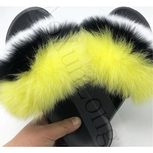 Fashion natural fox fur slippers women fluffy shoes women fur slides summer furry sandals beach fur flip flops plush home slider