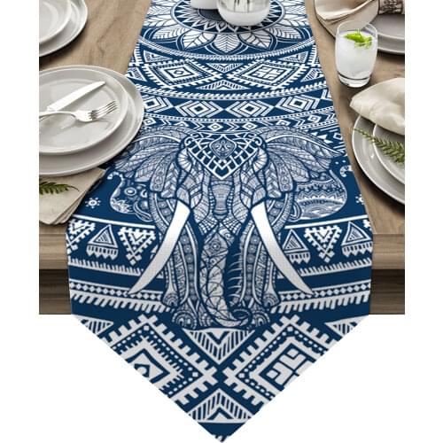 Mandala Pattern Elephant Blue Modern Table Runner Wedding For Party Event Home Decoration Table Cover Mat Decor Accessories