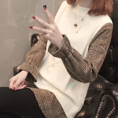 Sweaters Women 2021 New Casual Fake Two Piece Sweaters Plaid Shirt Patchwork White Long Sleeve Loose Pullover Sweaters Female