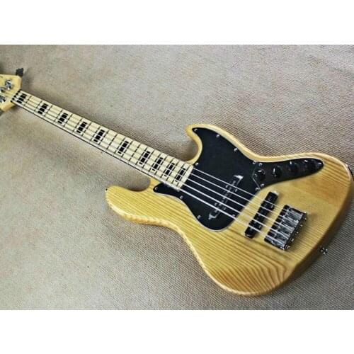 Top quality FDJB-5019 original wood color solid Ash body red plate active pickup 5 strings electric Jazz Bass , Free shipping