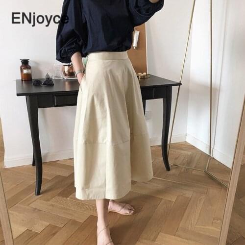 Women Casual Cotton Midi Big Umbrella Skirt High Waist Front Pockets Ladies Spring Summer Skirts Fashion Loose Big Hem Skirt