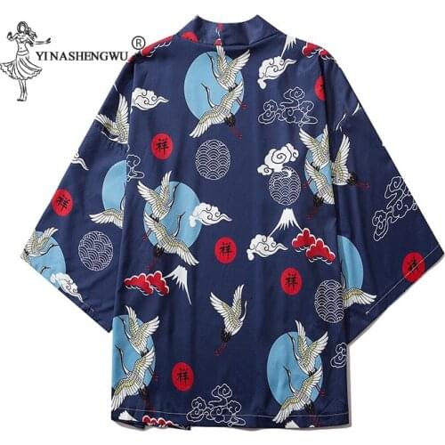 Yukata Cardigan Kimono Samurai Jacket Women Japanese Flying Crane Clouds Printed Kimono Robe Teenagers Loose Unisex Clothes Tops
