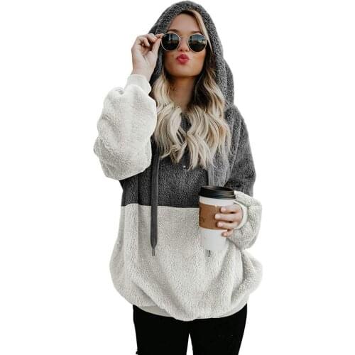 Womens Hoodie Fashion Autumn and Winter Casual Rope Hooded Stitching Long-sleeved Fluffy Hoodie Large Size S-5XL
