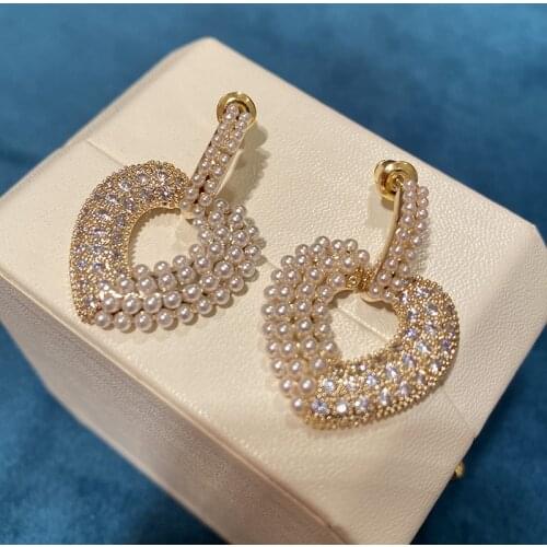Love Little Pearl Classic Cubic Zirconia Earring Retro Hollow Out Heart Shaped Fashion Luxury For Women Jewelry Korean Pop