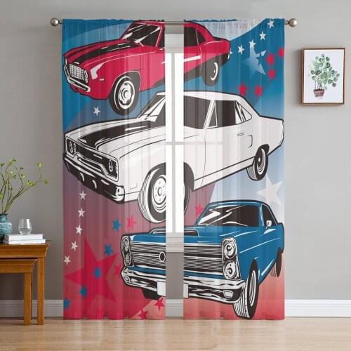 Car Pentagram Retro Cartoon Tulle Curtains for Living Room Decoration Modern Chiffon Sheer Voile Kitchen Curtain