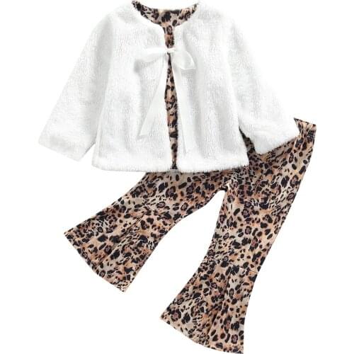 2021 2 Pieces Kids Suit Set, Leopard Print Long Sleeve Long Sleeve Cardigan+ Flared Trousers for Toddler Girls, 2-7 Years