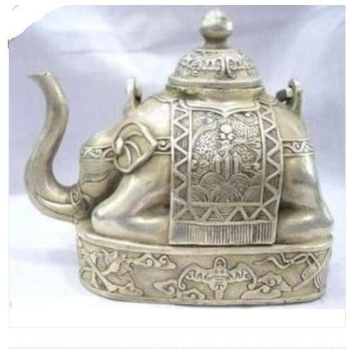 Pretty wonderful Buddhism Tibet silver elephant teapot Garden Decoration 100% real Tibetan Silver Brass