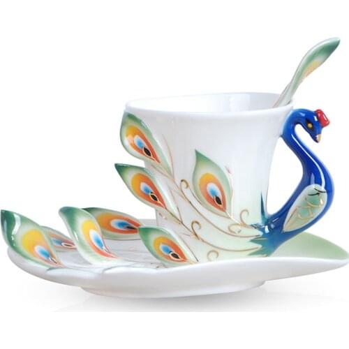 Coffee mug cup cups set Super Porcelain Enamel Mugs Peacock Tea Coffee Fashion Ceramic paint Colored Drawing Creative Tea Cup