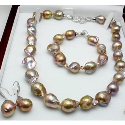 Set of 13-18 mm nature baroque pearl necklace 18inch bracelet 7.5-8 inch earring