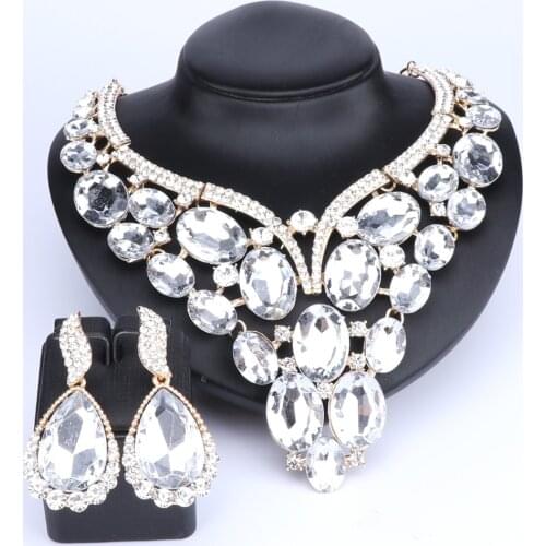 10 Colors Crystal Earrings Necklaces Sets Gold Color Jewelry Sets For Women Geometric Design Wedding 2PCS Jewelry Sets