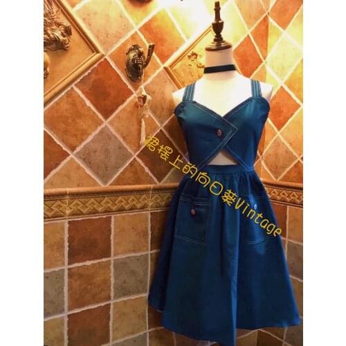 Movie Lolita Style Summer Dress Jeans Blue V-Nenck French Suspender Cotton Dress Cosplay Cute Girl