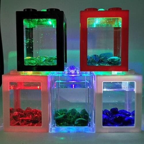 USB Mini Fish Tank Betta Mini Aquarium with LED Light Creative Building Block Deskbox decor Fish Feeding box