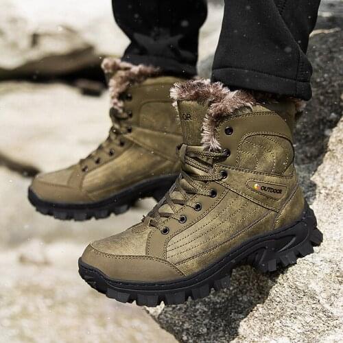 Genuine Leather Men Boots Winter with Fur Warm Snow Boots Men Casual Shoes Hiking Sneakers High Top Ankle Boots Outdoor Shoes
