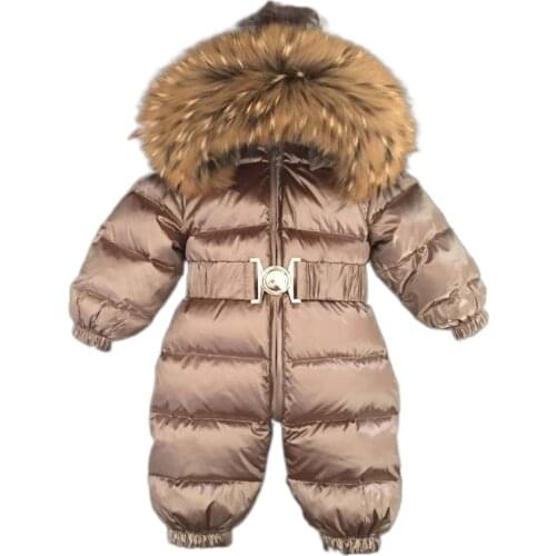 Russian Winter Boys Girls 1-5Y Winter Overalls Baby Rompers Duck Down Jumpsuit Real Fur Collar Children Outerwear Kids Snowsuit