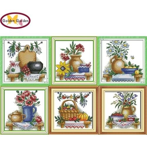 GG The Teapot with Flowers Stamped Cross Stitch Embroidery Kits 11CT 14CT Chinese JoySunday Cross Stitch Painting for Home Decor