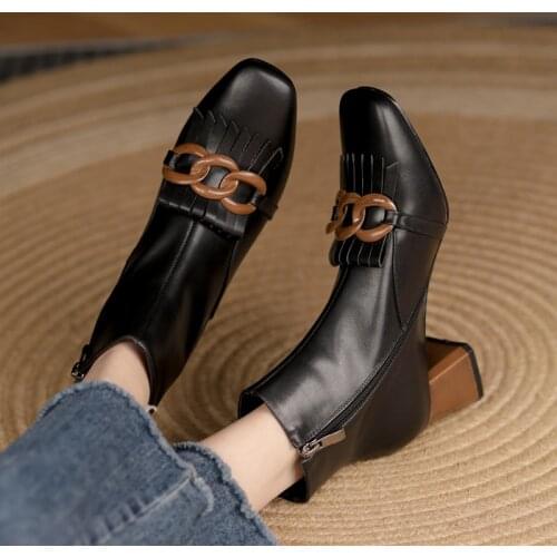 2021 New Women Shoes Fringe Women Boots Winter Ankle Boots Zapatos De Mujer Womens Boots Square Toe Genuine Leather Black Boots