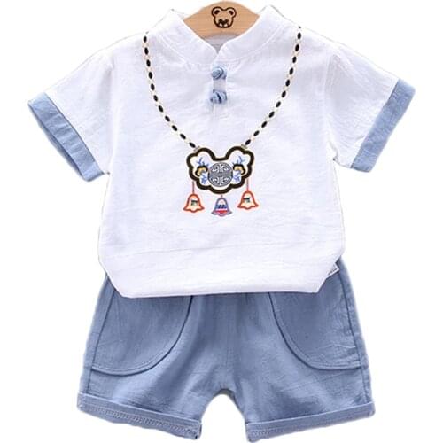 New Summer Baby Boy Clothes Cute Chinese Style Cartoon Ping An Lock Baby Suit T-shirt+Short 1-4 Yrs Kids Birthday Party Clothes