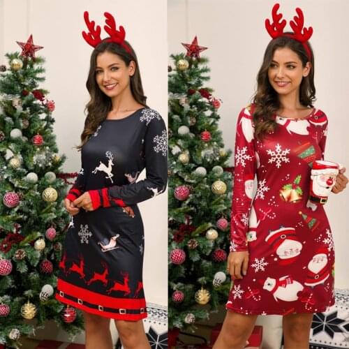 Autumn Winter Christmas Dress Women New Vintage Snow Deer Print Slim Red Dress Casual O Neck Long Sleeve Party Dresses Plus Size