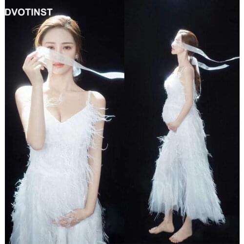 Dvotinst Women Photography Props Feathers White Elegant Maternity Dresses Sleeveless Pregnancy Dress Studio Shooting Photo Props