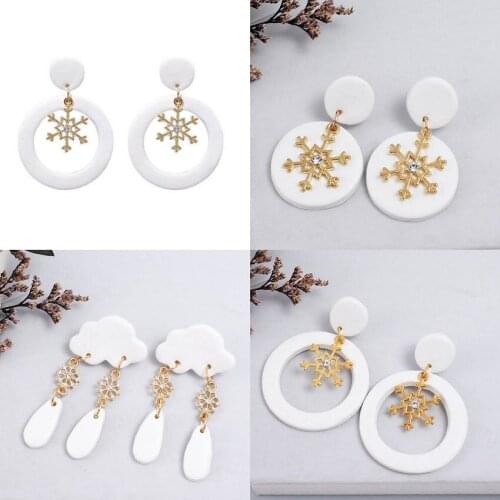 Mixed Crystal Metal Snowflake White Polymer Clay Christmas Earrings for Women Geometric Round Circle Cloud Dangle Earrings Gifts