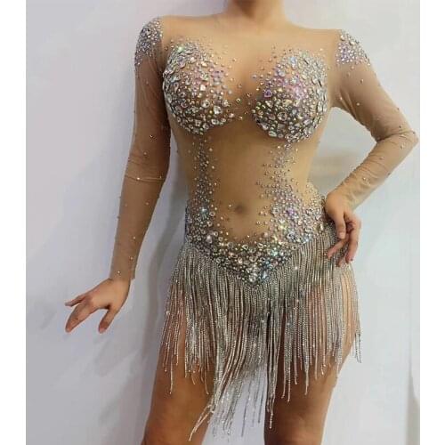 Rhinestone Bodysuit Sexy Stage Costumes Sexy Mesh Transparent Women Gogo Dance Costumes Nightclub DJ DS Celebrate Dresses SL029