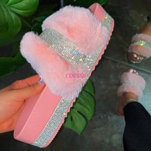 Spring Summer Popular Mid-heel Fur Slippers Women Single-layer Rhinestone Waterproof Platform Thick-bottomed Wool Slides Shoes