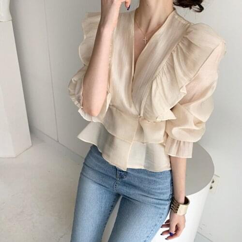 Spring Fashion Sexy V-Neck Long Sleeve Womens Shirt Solid Color Slim Retro Ruffle Sweet Chiffon Thin Shirt Fashion Girls Top