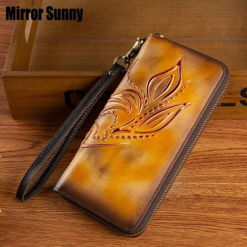 Ladies Retro Hand Rubbed Color Genuine Leather Wallet Top Layer Cowhide Leather Long Clutch Bag Zipper Coin Purse RFID Money Bag