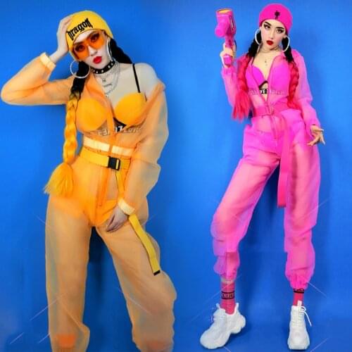 Hip Hop Performance Costume Female Nightclub Bar Dj Bikini Fluorescent Color See-Through Jumpsuit Jazz Dance Clothes DNV13591