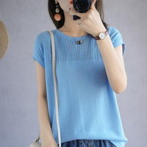 Smpevrg Summer Womens Tees Chic Hollow O-Neck Short Sleeve Female Pullover 100% Cotton Knitted Casual Thin Clothes Tops T-Shirt