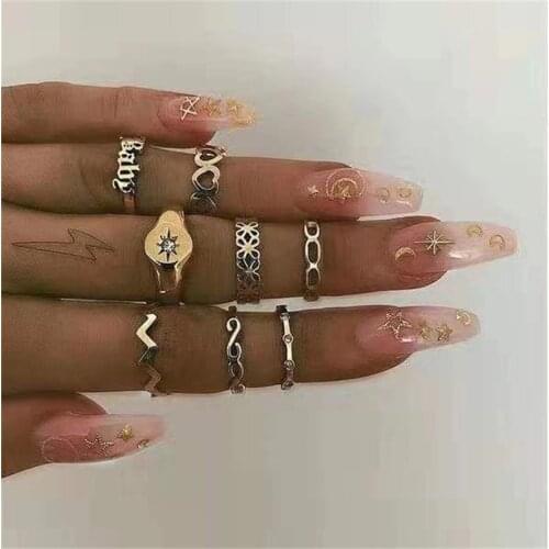 8 Pcs/set Bohemian Vintage Heart Wave Baby Sun Geometric Alloy Zircon Twist Finger Ring For Women Knuckle Party Jewelry Gifts