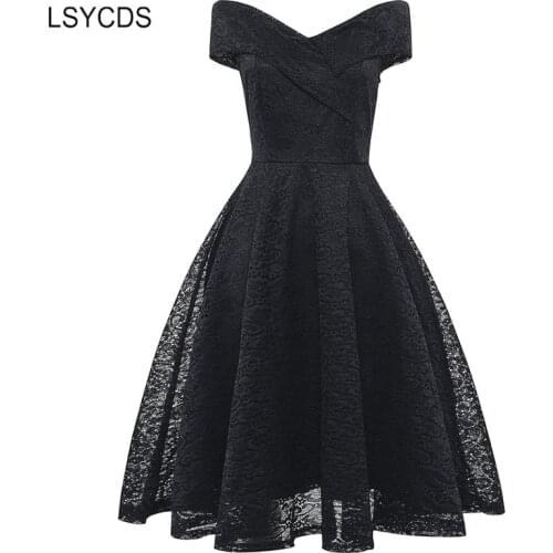 LSYCDS Sexy Summer Party V-Neck Dress A-line Short Sleeve Robe Vintage Retro Casual Party Rockabilly Black 50s Lace Women Dress